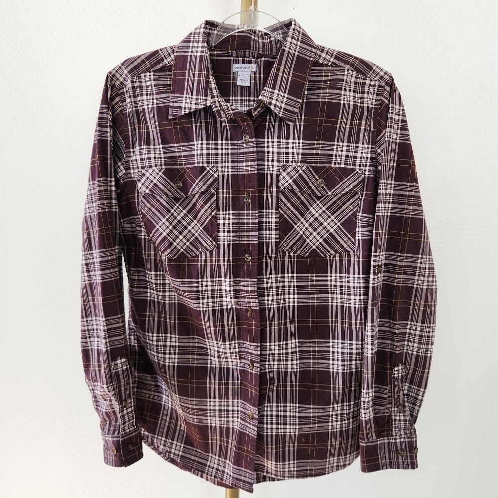 Carhartt Long Sleeve Button Front Shirt Womens Size Medium 8-10 Maroon Plaid